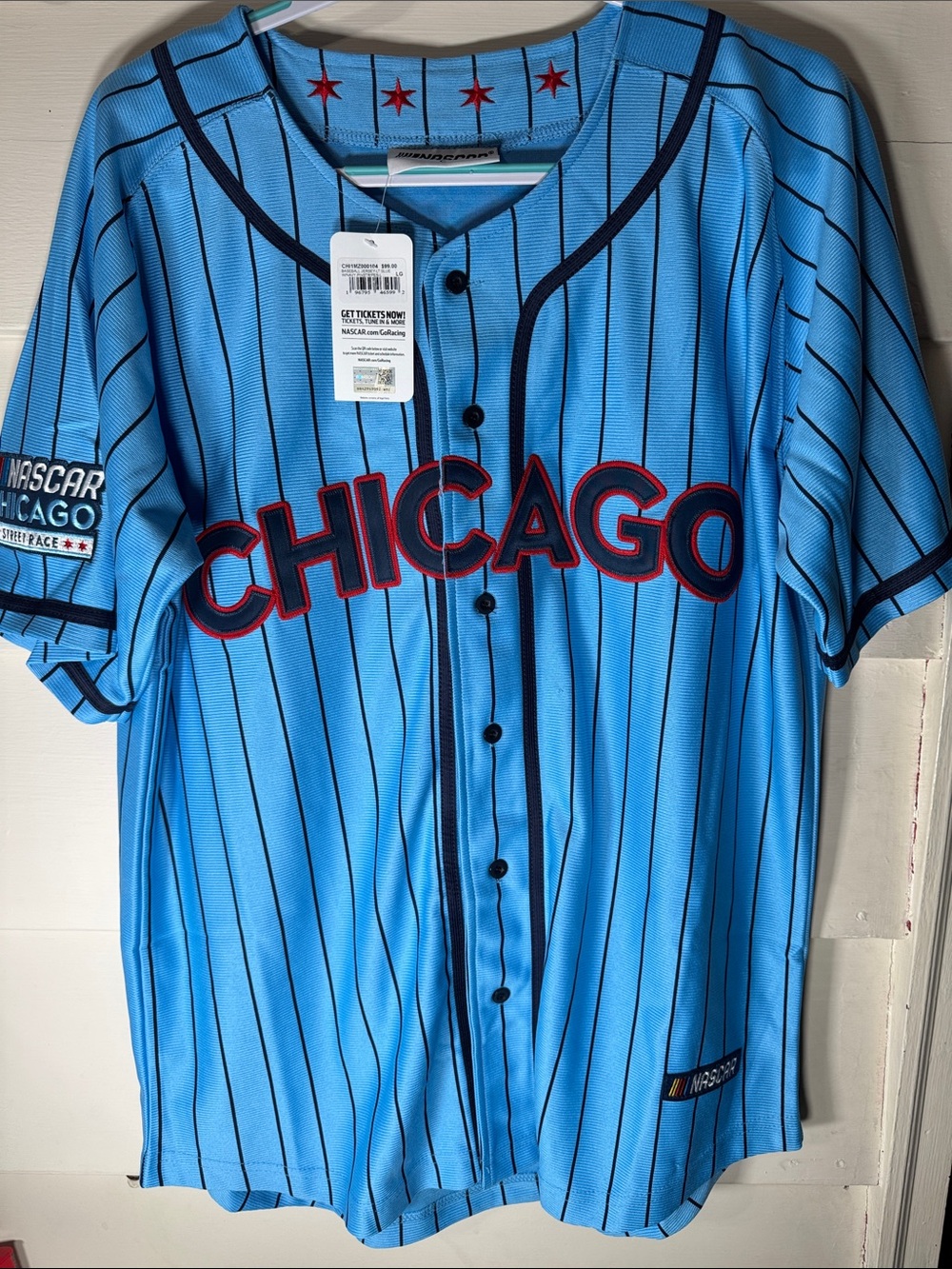 Nascar Chicago Light Blue Pinstripe Jersey with Navy & Red Accents